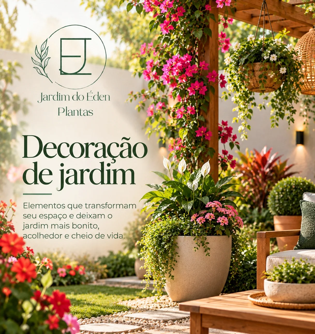 Decoração de jardim: pergolado com flores, vasos grandes e caminho de pedras