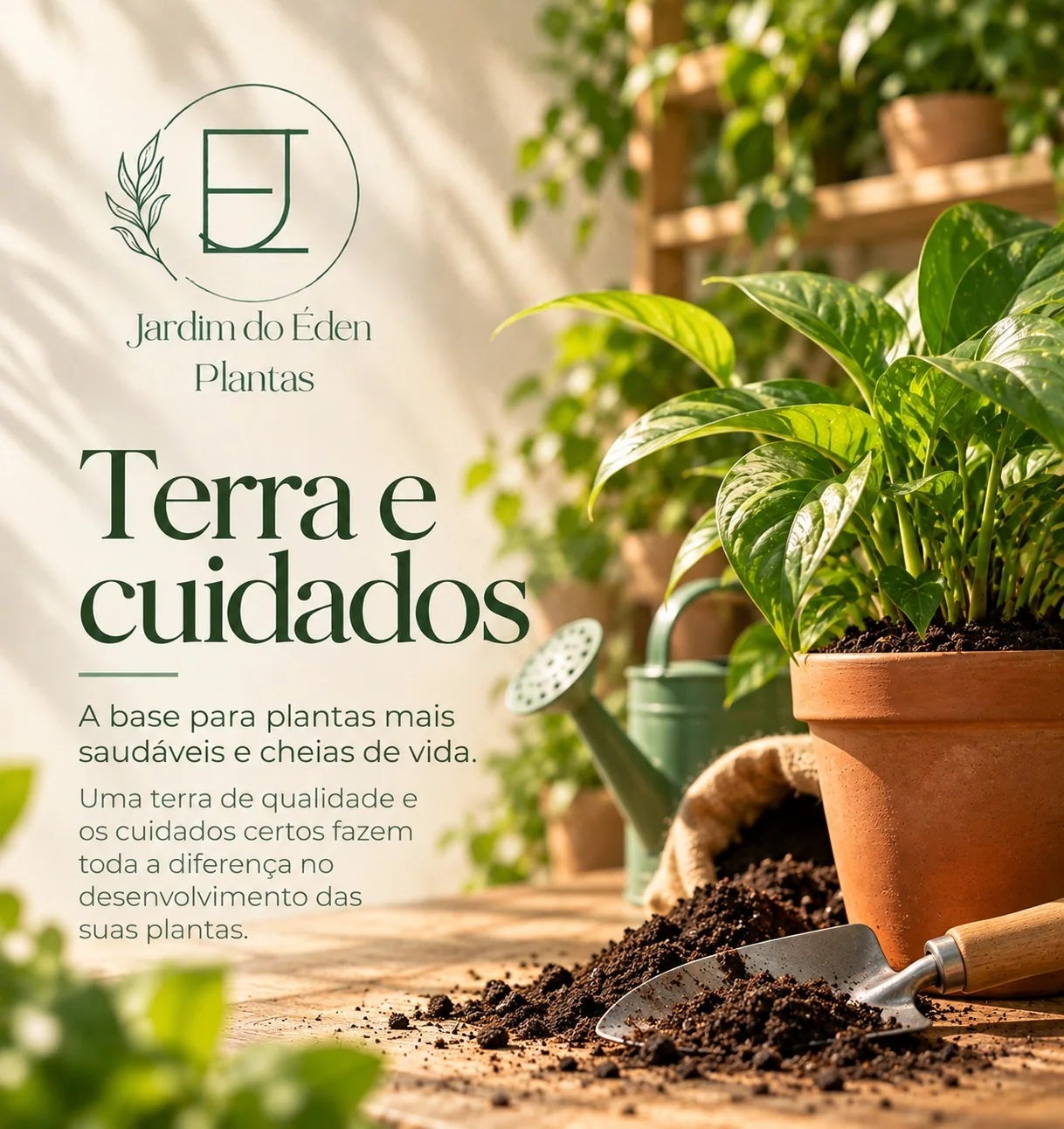 Terra e cuidados: terra de qualidade e pá de jardinagem ao lado de vaso de barro com planta